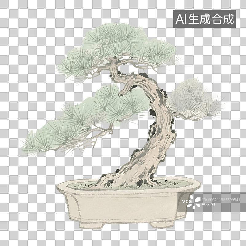 【AI数字艺术】中国风手绘插画，罗汉松盆景，文房清供，松树盆栽，中国画，工笔画，中式植物花卉插花免抠元素图片素材