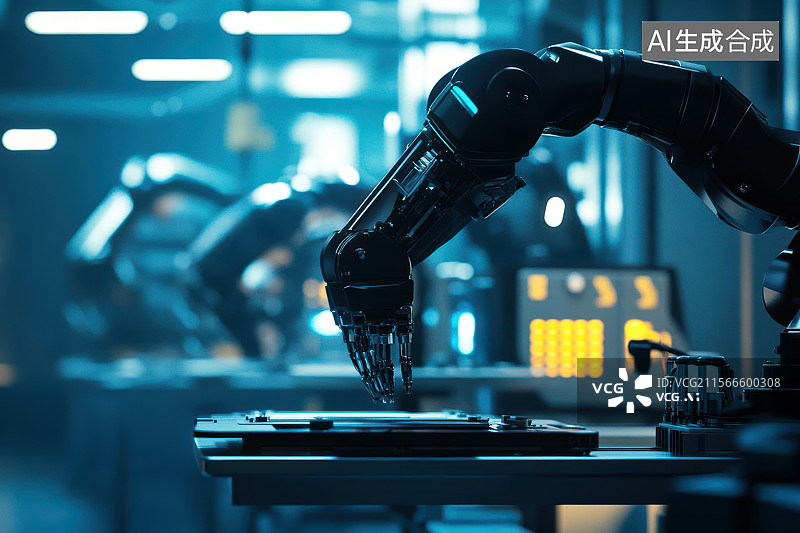 【AI数字艺术】智能机械臂科技车间精准作业图片素材