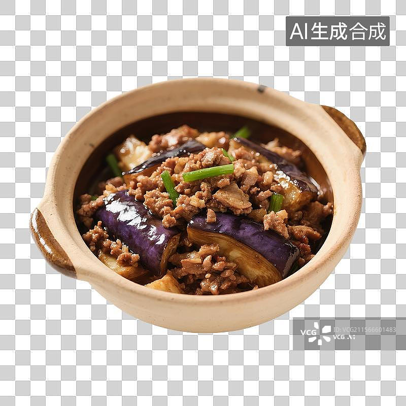 【AI数字艺术】下饭菜，肉末茄子，茄子煲，砂锅里的油焖茄子图片素材