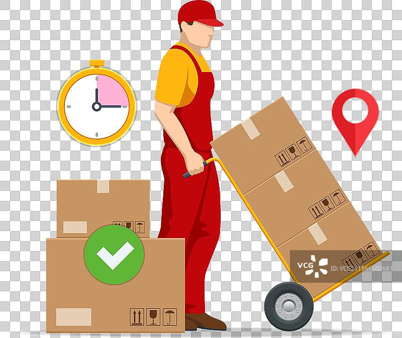 忙碌的快递员推着装满货物的手推车图片素材