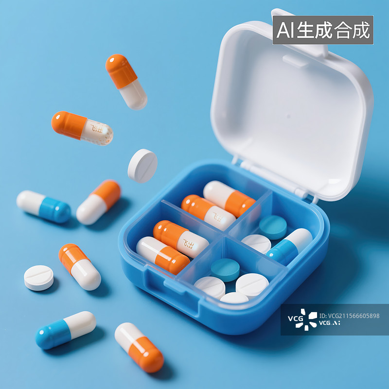 【AI数字艺术】蓝色药盒与散落的多彩药品图片素材