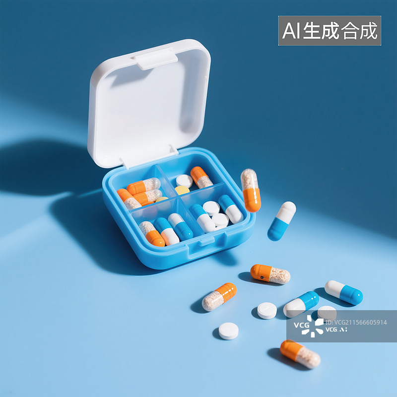 【AI数字艺术】蓝色药盒与散落的多彩药品图片素材