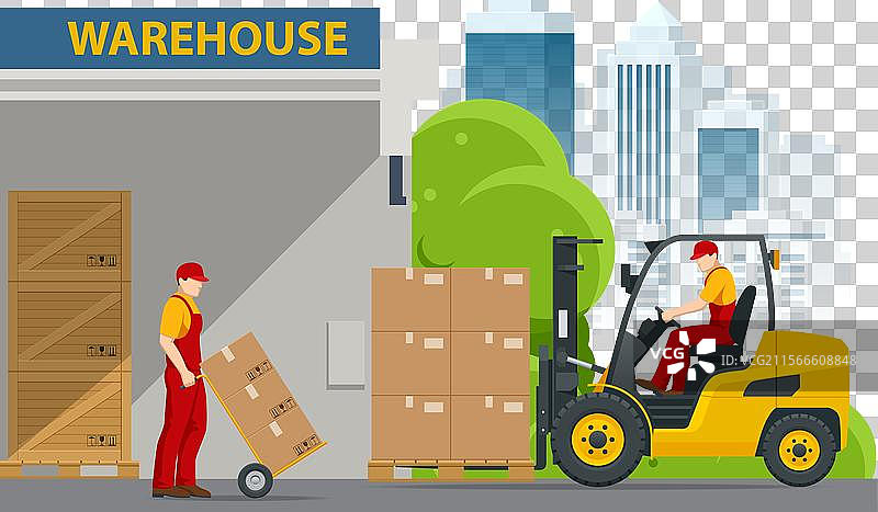 等距的大型现代仓库，配有叉车图片素材