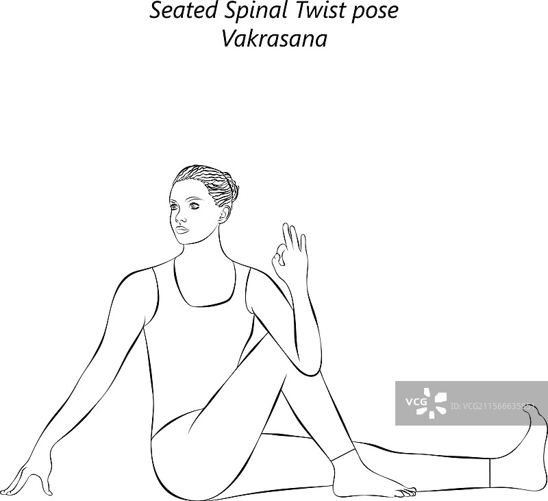 年轻女性练习扭转式瑜伽的素描图片素材