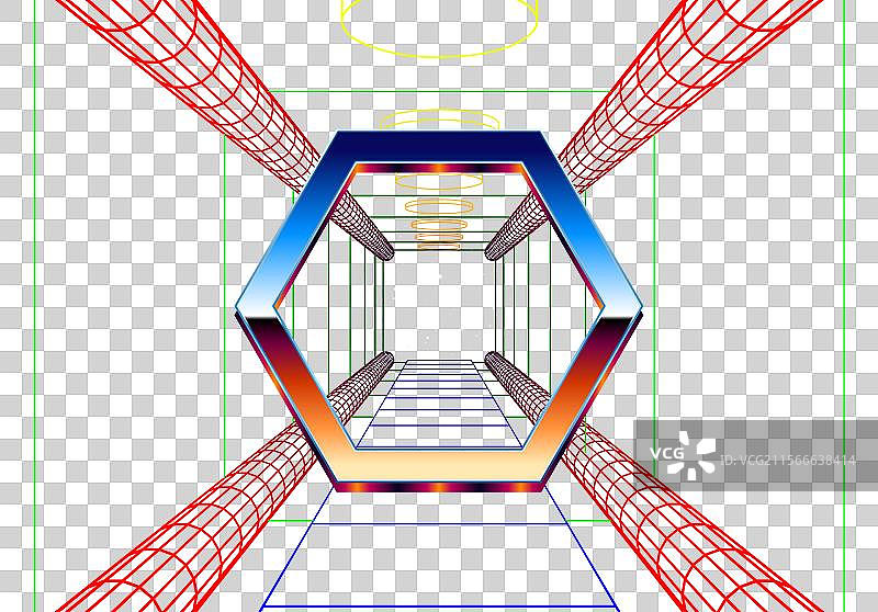 合成波风格的框架，带有铬色六边形和80年代风格图片素材
