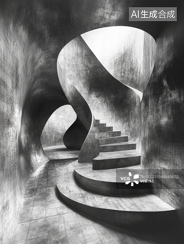 【AI数字艺术】螺旋楼梯与混凝土隧道图片素材