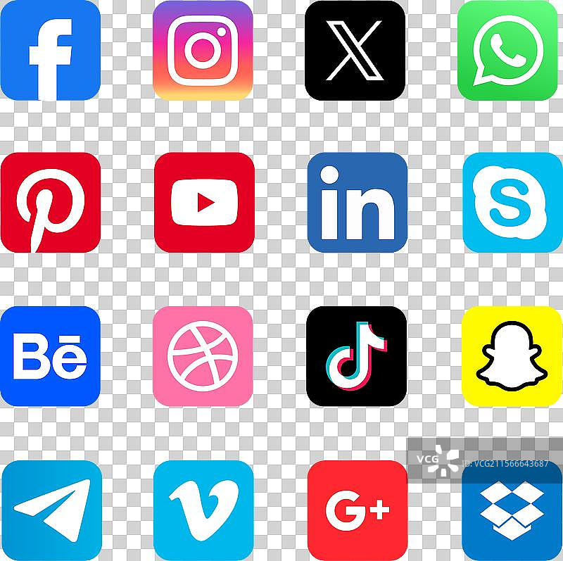 一组流行的社交媒体图标图片素材