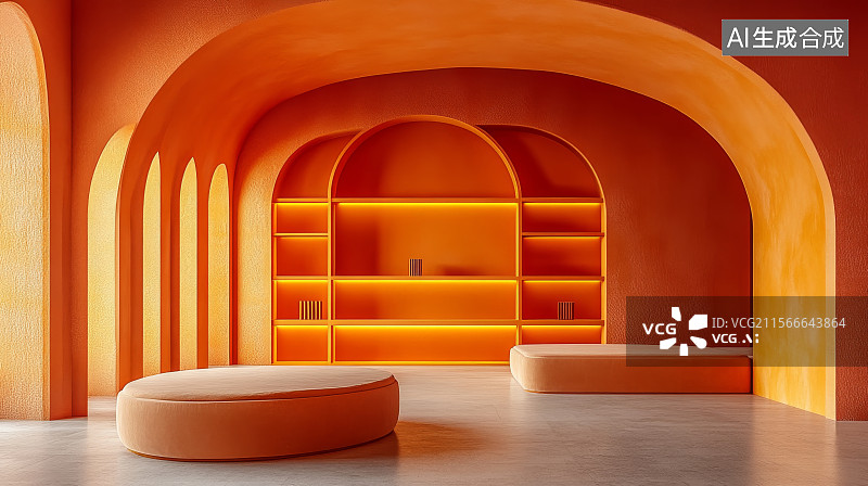 【AI数字艺术】橙色拱形室内设计图片素材