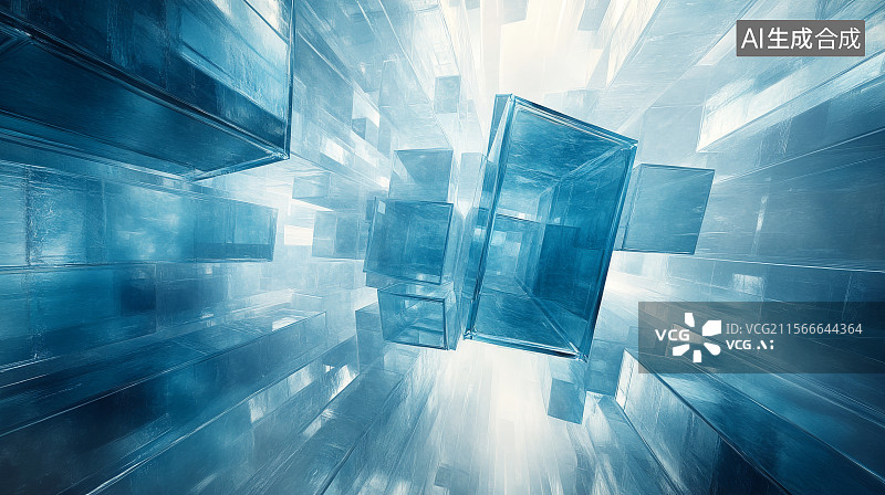 【AI数字艺术】蓝色透明立方体的抽象艺术图片素材