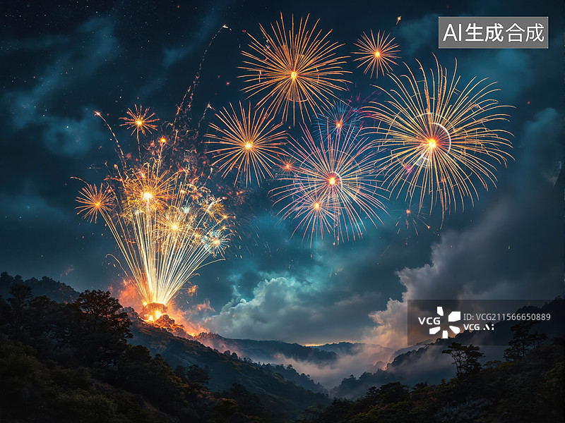 【AI数字艺术】夜空烟花绽放图片素材