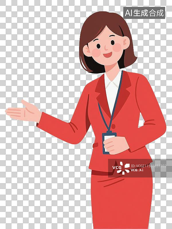【AI数字艺术】做请手势的30岁女性讲解员卡通插画图片素材