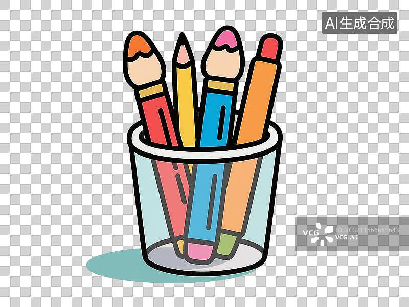 【AI数字艺术】装着彩色画笔的简约卡通笔筒插画图片素材