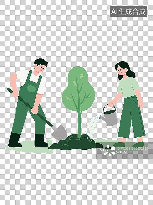 【AI数字艺术】男女共同栽种绿色树苗的卡通插画图片素材
