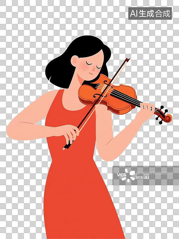 【AI数字艺术】闭眼拉小提琴的红衣女性卡通插画图片素材
