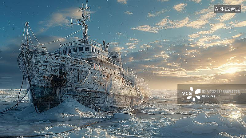 【AI数字艺术】一艘被遗弃在冰雪覆盖的海面上的船只。船体破旧，部分沉没在冰层中，周围是厚厚的积雪和浮冰图片素材