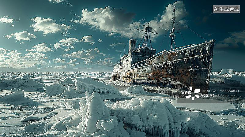 【AI数字艺术】一艘被遗弃在冰雪覆盖的海面上的船只。船体破旧，部分沉没在冰层中，周围是厚厚的积雪和浮冰图片素材