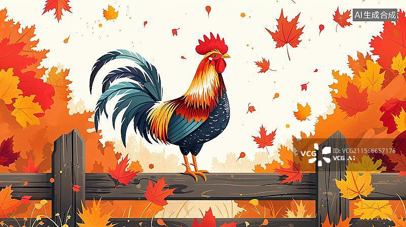 【AI数字艺术】秋天枫叶背景 一只公鸡站在木栅栏篱笆上图片素材