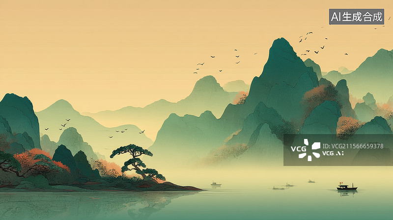 【AI数字艺术】国风古典山水画意境图片素材