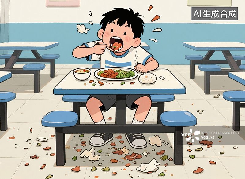 【AI数字艺术】男孩在食堂吃饭浪费粮食图片素材