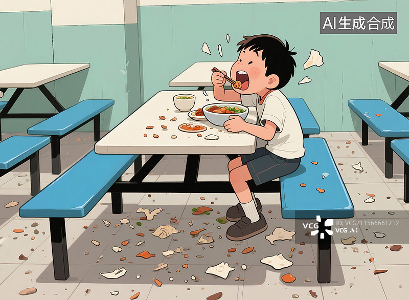 【AI数字艺术】男孩在食堂吃饭浪费粮食图片素材