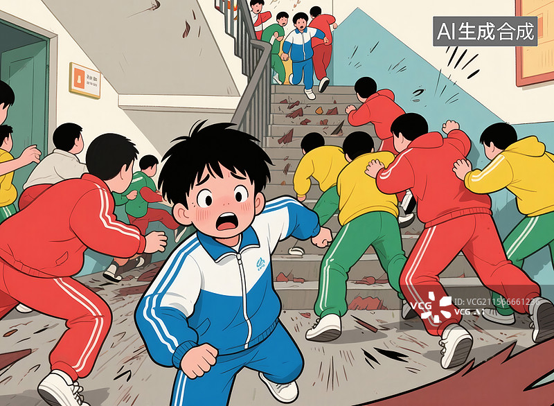 【AI数字艺术】学校楼梯上的混乱场景图片素材
