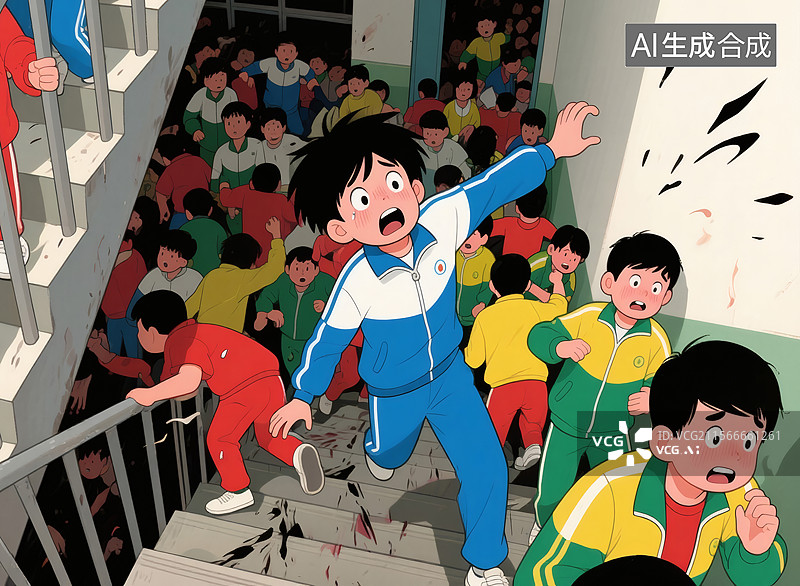 【AI数字艺术】学校楼梯上的混乱场景图片素材