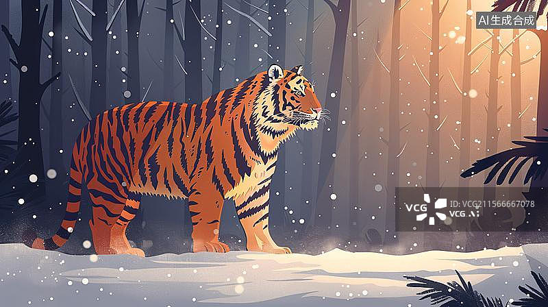 【AI数字艺术】雪夜林中虎啸生威   冬日森林里的老虎图片素材