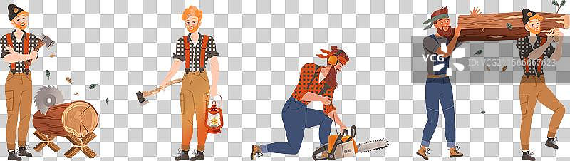 男性伐木工角色砍木头的场景合集图片素材