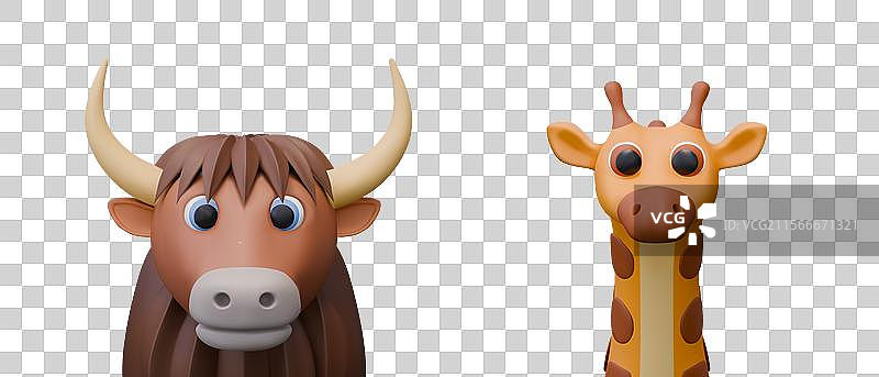 3D塑料泥风格的牦牛长颈鹿正面视图图片素材