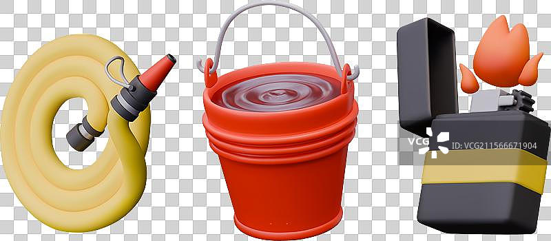 装有水的消防水带桶与火焰的打火机图片素材