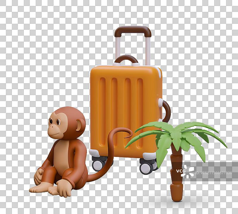 猴子坐在行李箱旁边，和棕榈树的概念图片素材