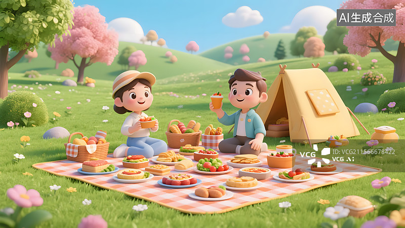 【AI数字艺术】公园聚会聚餐野餐插画图片素材
