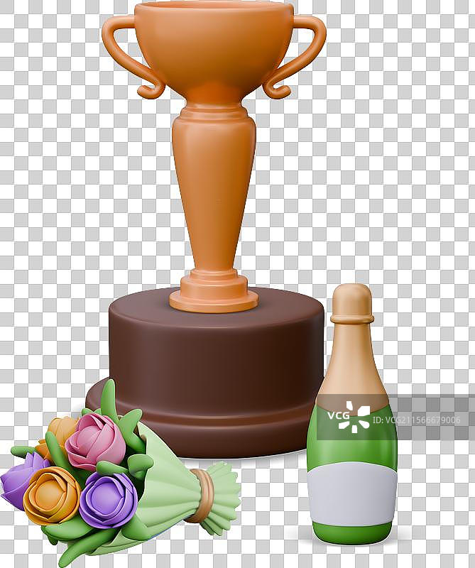 金色杯子放在底座上，旁边有花束和瓶子图片素材