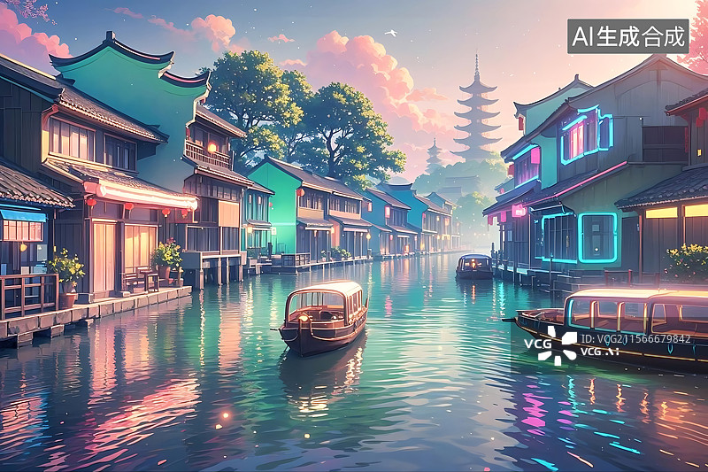 【AI数字艺术】梦幻水乡夜景图图片素材