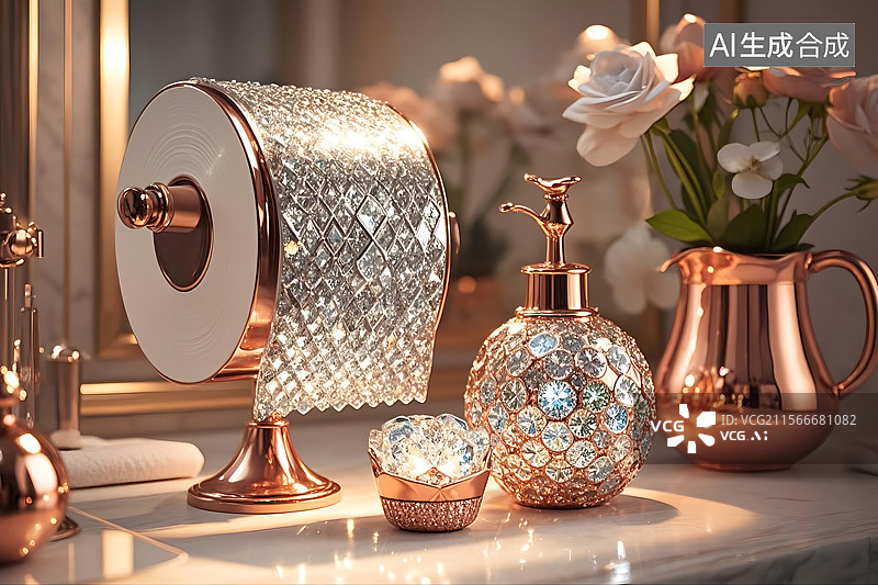 【AI数字艺术】奢华玫瑰金色浴室用品图片素材