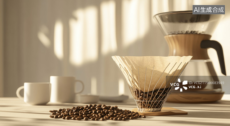 【AI数字艺术】室内咖啡冲煮器具与咖啡豆图片素材