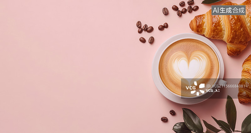 【AI数字艺术】拉花咖啡配牛角面包图片素材