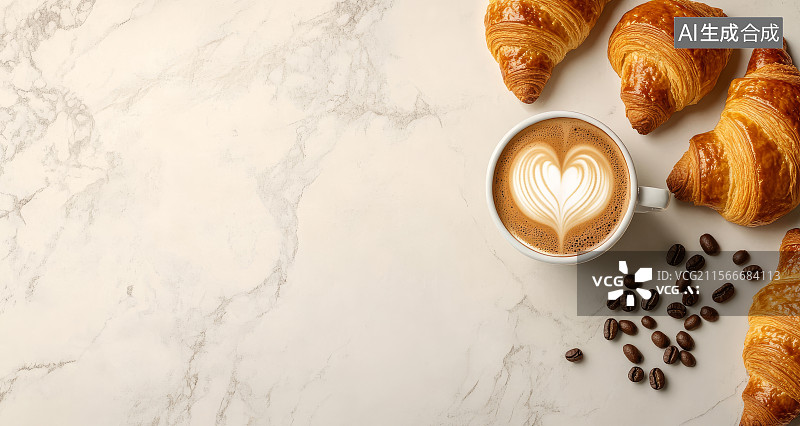 【AI数字艺术】拉花咖啡配牛角面包图片素材