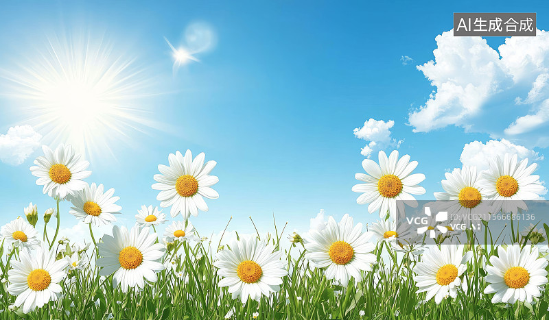 【AI数字艺术】阳光下绽放的雏菊与蓝天图片素材