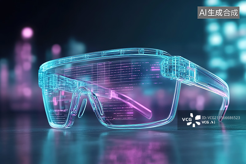 【AI数字艺术】赛博朋克风城市夜景背景下的可穿戴设备VR眼镜图片素材