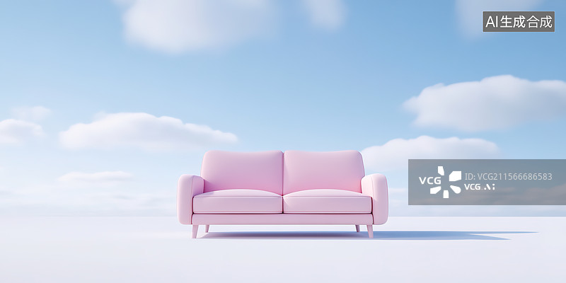 【AI数字艺术】蓝天白云纯净背景下的粉色沙发家居主题海报图片素材