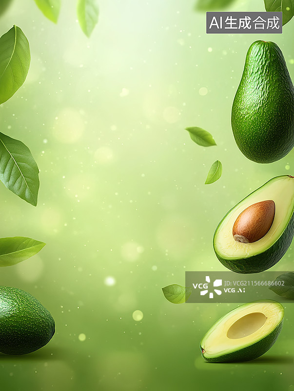 【AI数字艺术】夏日清新风牛油果健康饮食绿色背景插画图片素材