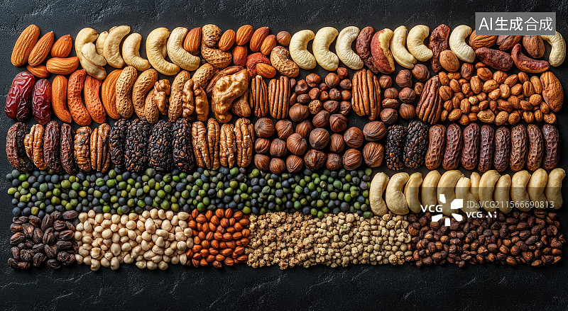 【AI数字艺术】多种坚果整齐排列展示图片素材