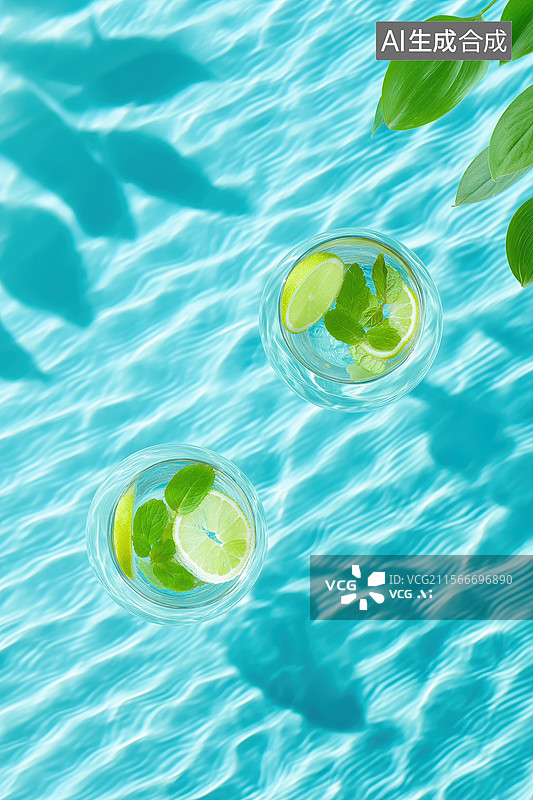 【AI数字艺术】两杯柠檬薄荷水漂浮在蓝色水面上图片素材