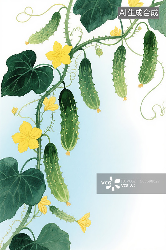 【AI数字艺术】水彩手绘插画，攀缘生长的黄瓜藤挂满带刺嫩果，黄花开在藤蔓间隙图片素材
