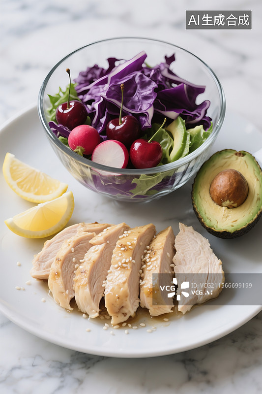 【AI数字艺术】减脂餐，玻璃碗盛放紫甘蓝羽衣甘蓝樱桃萝卜牛油果，水煮鸡胸肉切片摆盘，撒白芝麻和柠檬图片素材