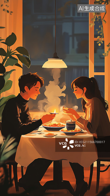 【AI数字艺术】520情人节城市夜晚烛光晚餐上相爱的青年男女情侣图片素材