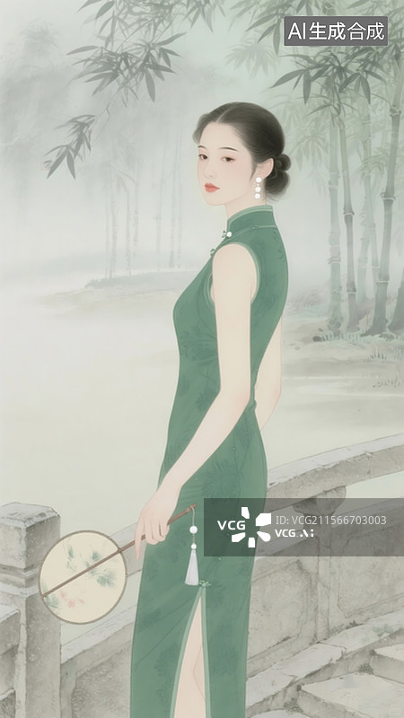 【AI数字艺术】插画风格国风女子穿无袖复古绿旗袍，柳叶眉丹凤眼配珍珠耳饰，站在青石桥上手持团扇图片素材