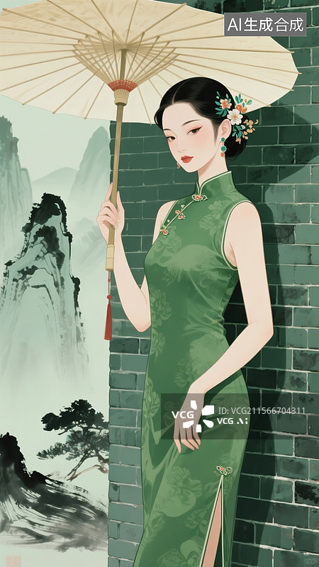 【AI数字艺术】插画风格国潮女子穿复古绿无袖旗袍，柳叶眉丹凤眼点缀花钿妆，手持油纸伞伫立青砖墙前图片素材
