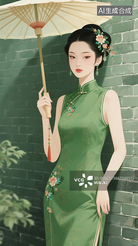【AI数字艺术】插画风格国潮女子穿复古绿无袖旗袍，柳叶眉丹凤眼点缀花钿妆，手持油纸伞伫立青砖墙前图片素材